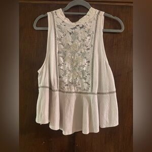 FREE PEOPLE Flora Tank Embroidered Lace Inset Ruffle Hem Cream Cotton